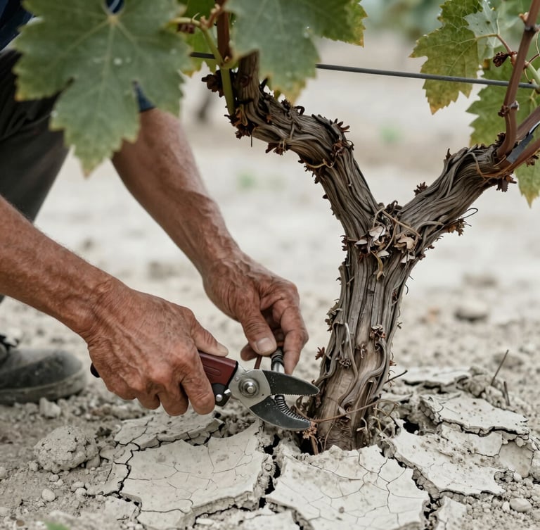 Close-up of calloused hands pruning a single ancient vine, raw cracked white clay-limestone soil in the background, moody overcast lighting.
