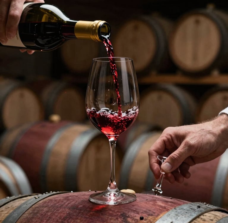 Close-up of wine slowly trickling into a glass thief during a barrel tasting, dark cellar background, dramatic side-light.