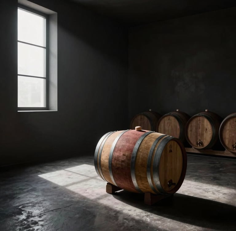 Wide panoramic view of a dark, minimalist wine cellar with a single oak cask illuminated by a shaft of natural light from a high window, deep shadows, moody atmosphere.