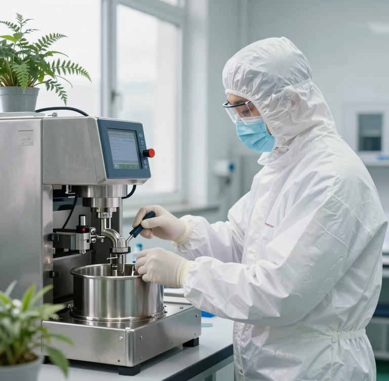 Technician in clean white PPE monitoring a stainless steel extraction machine, bright daylight, green herbal accents, 35mm