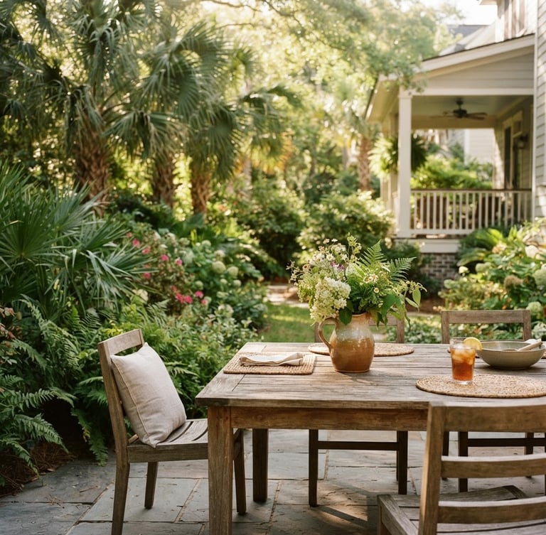 A bright, sun-drenched Mount Pleasant backyard patio surrounded by lush green palmettos and warm coastal light, clean and inviting, shallow depth of field.