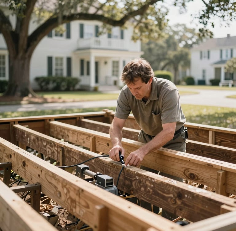 A certified technician inspecting a clean crawlspace of a classic Charleston home, warm daylight, natural lowcountry tones, shallow depth of field, 35mm