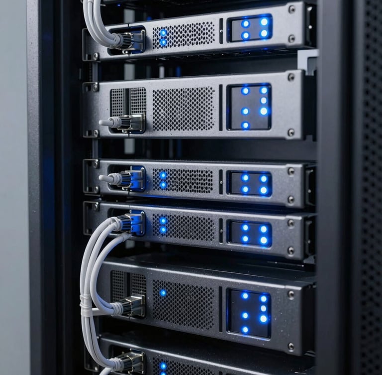 Macro shot of organized server racks with blue LED status lights, clean cabling, dust-free environment, high technical precision, cool studio lighting