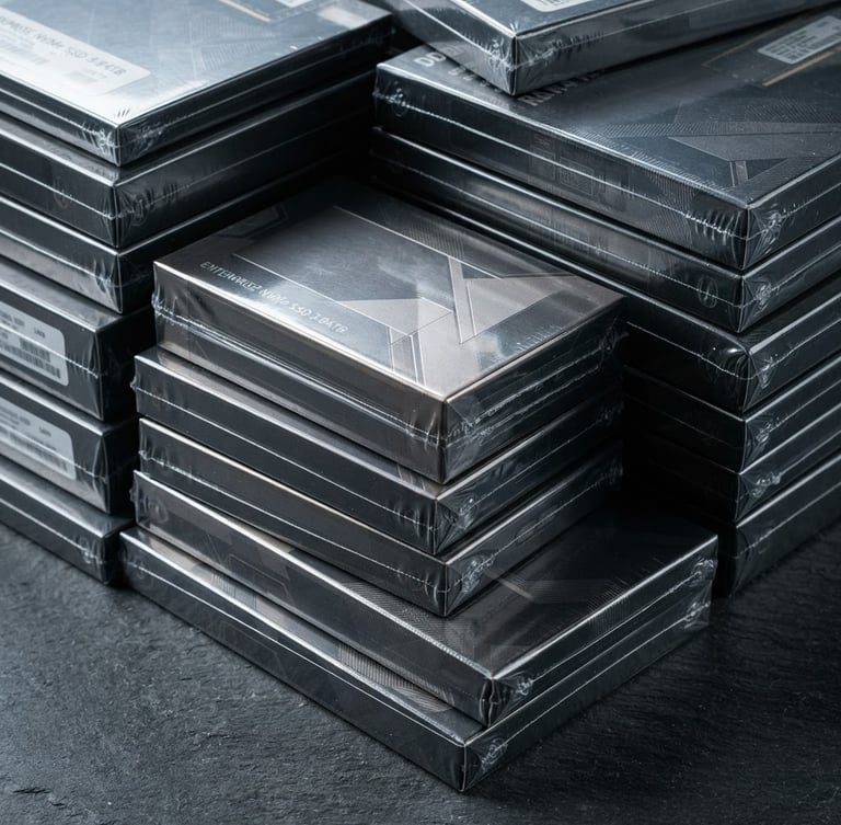 Macro shot of sealed retail boxes of enterprise NVMe SSDs and RAM modules stacked on a clean slate gray surface under cool studio lighting