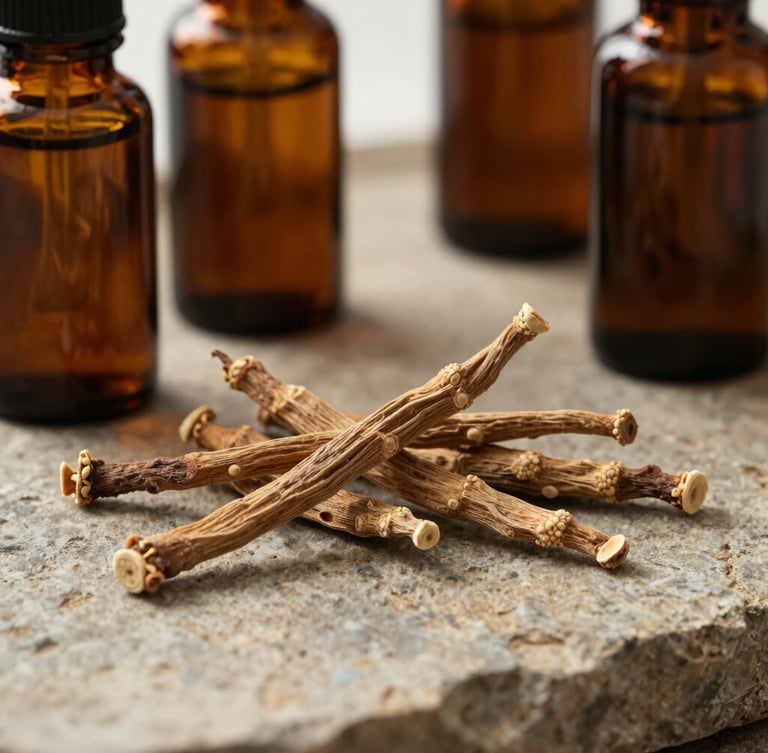 Macro close-up of raw dried ashwagandha roots and dark amber apothecary jars on a rustic stone counter, warm side-lit window light casting soft shadows