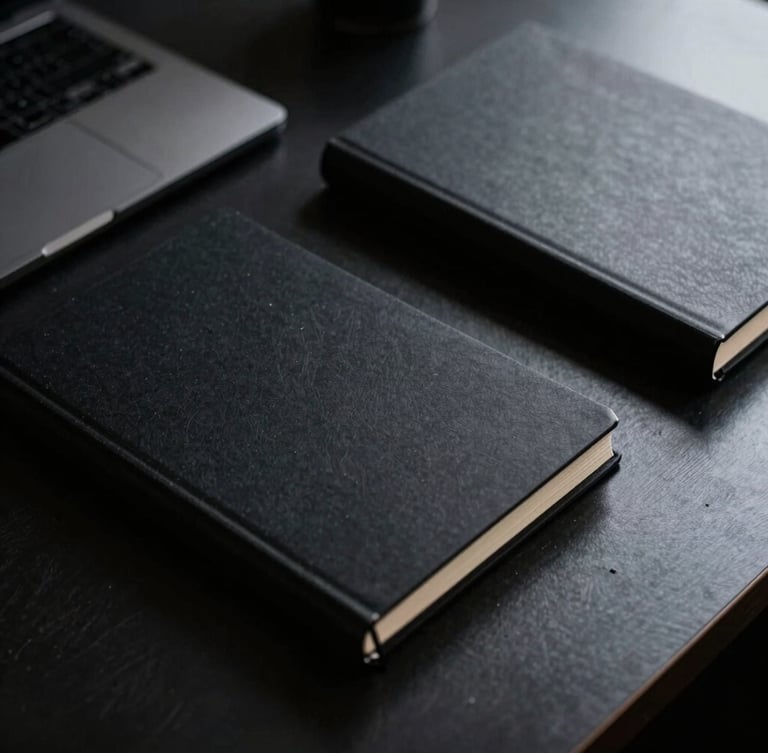 Low-key dramatic photo of a minimalist workspace, black structured notebooks, sharp architectural lines, high-contrast side lighting, 35mm