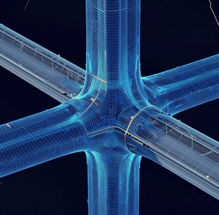 Wide high-resolution technical data visualization of a structural stress analysis simulation, rendered in cool blue and dark slate tones, showing finite element mesh patterns across a physical bridge joint with crisp mathematical vectors.