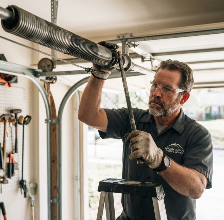 Close-up of a professional technician in a clean uniform carefully replacing a heavy-duty torsion spring on a residential garage door, bright natural daylight, crisp shadows, Swannanoa, NC.