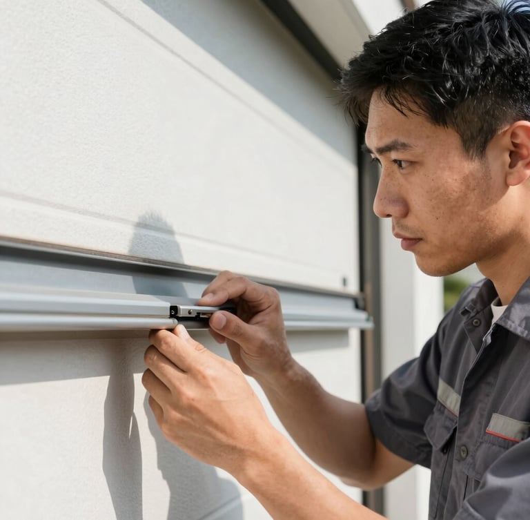 Close-up portrait of a professional GDQ technician in a clean uniform, inspecting a garage door track with a focused expression, natural outdoor daylight, crisp high-contrast shadows, sharp focus, 35mm lens