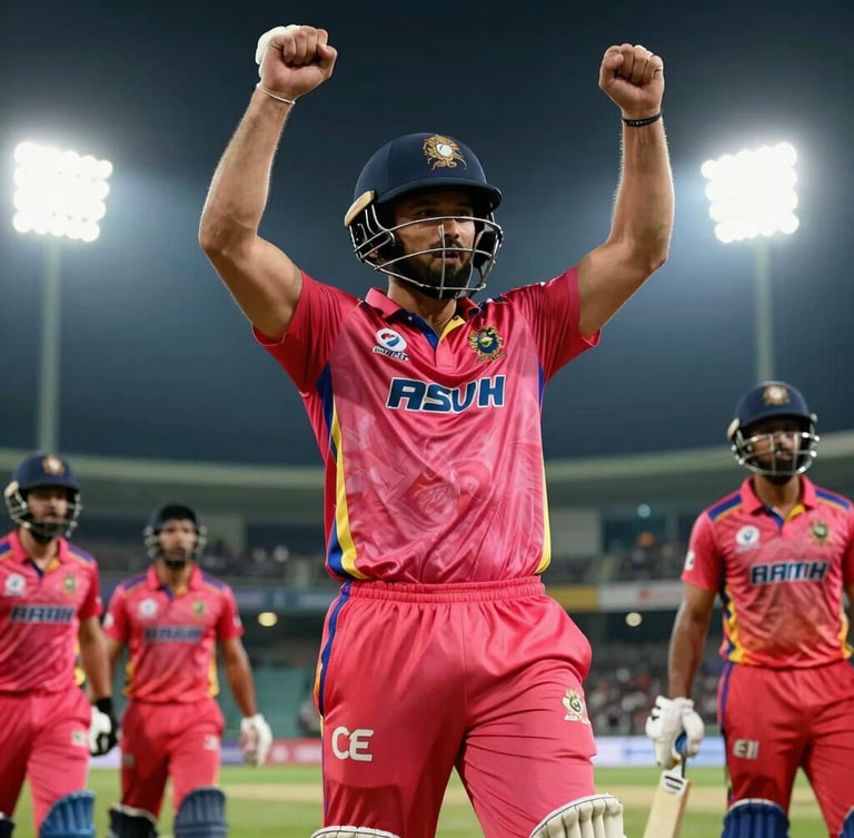 Close-up, low-angle action shot of the defending champion cricket team celebrating a wicket under intense stadium floodlights, dynamic composition, rich saturated colors, telephoto lens
