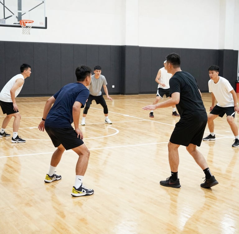 A warm high-key indoor basketball court with a coach mentoring a diverse group of adults during a fitness drill, sharp focus, 35mm lens