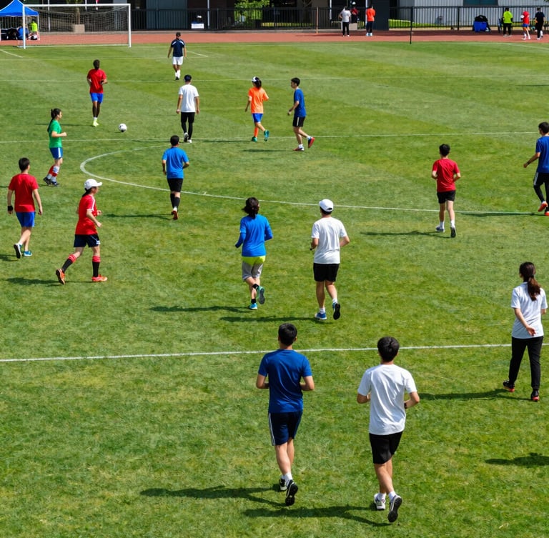 Wide angle of a vibrant outdoor community sports event, multi-generational families jogging and soccer matches underway on green fields, bright natural daylight, 35mm lens
