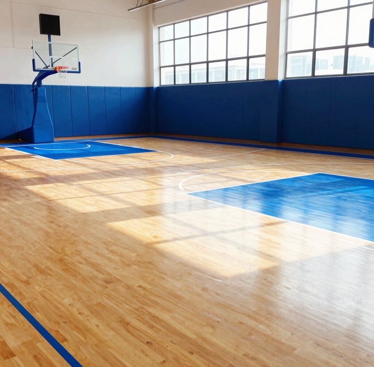Bright high-key indoor basketball court with polished hardwood floors, royal blue court lines, modern hoops, sunlight streaming through high windows, sharp focus.