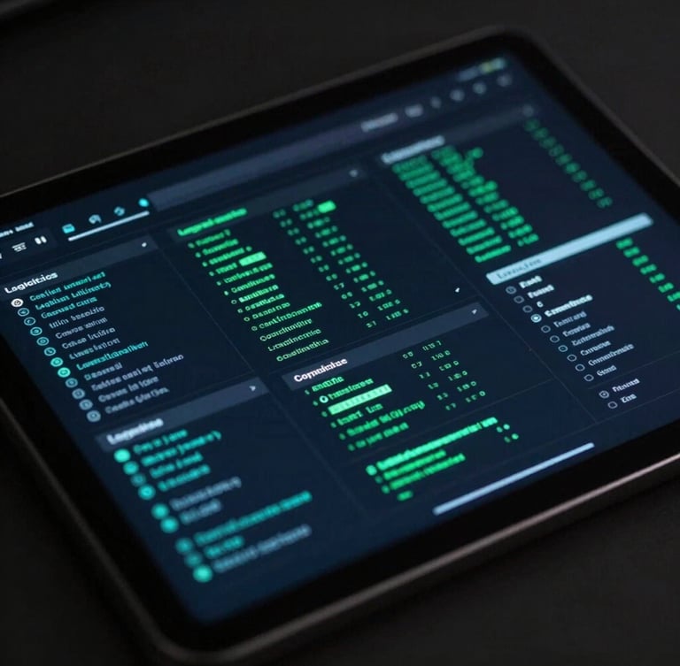 Macro photography of an elegant dark-mode logistics dashboard on a tablet, glowing cyber green data nodes, moody low-light ambient background.
