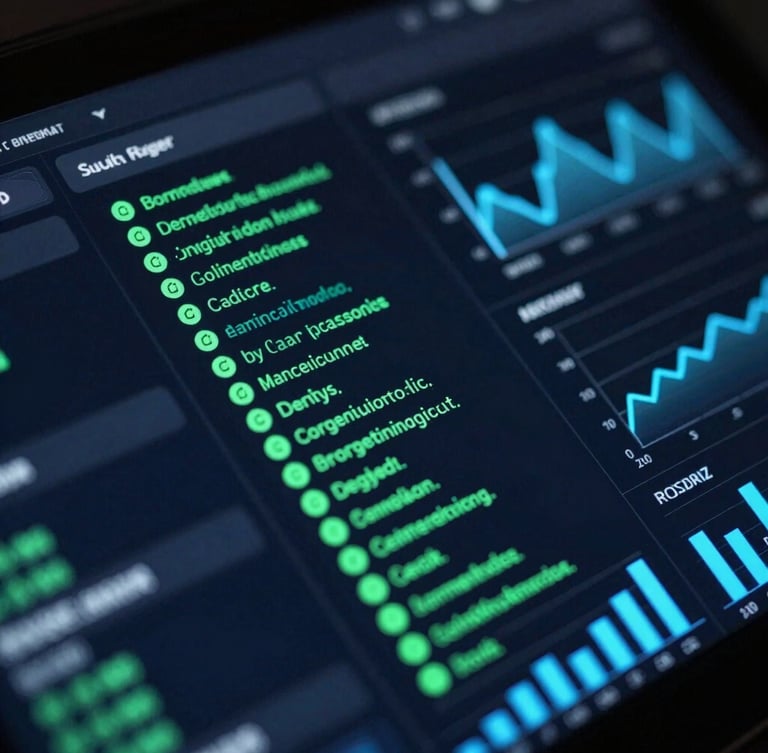 Macro close-up of a high-fidelity dark-mode UI dashboard with glowing cyber green data nodes and electric blue charts, angled perspective, high-contrast tech aesthetic
