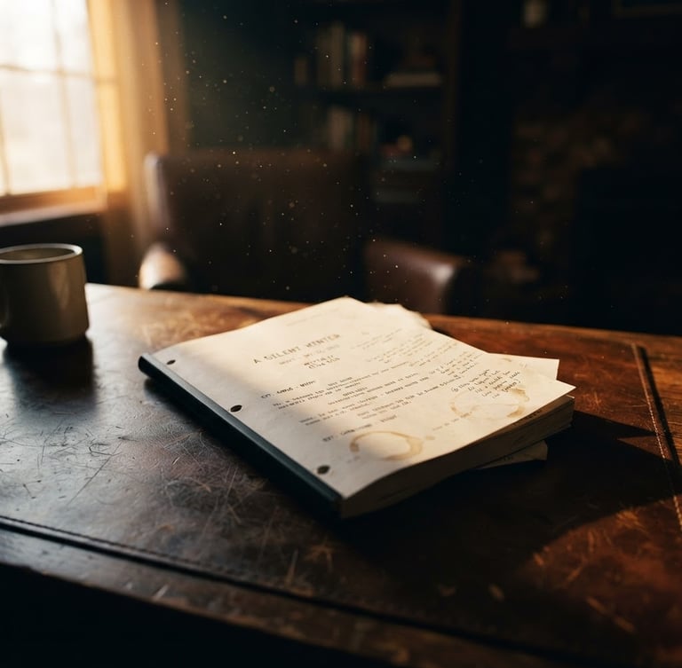 Dramatic cinematic portrait of a physical screenplay script resting on a dark walnut table, soft golden window light from the left, dust motes in the air, anamorphic lens, 35mm film grain, moody shadows