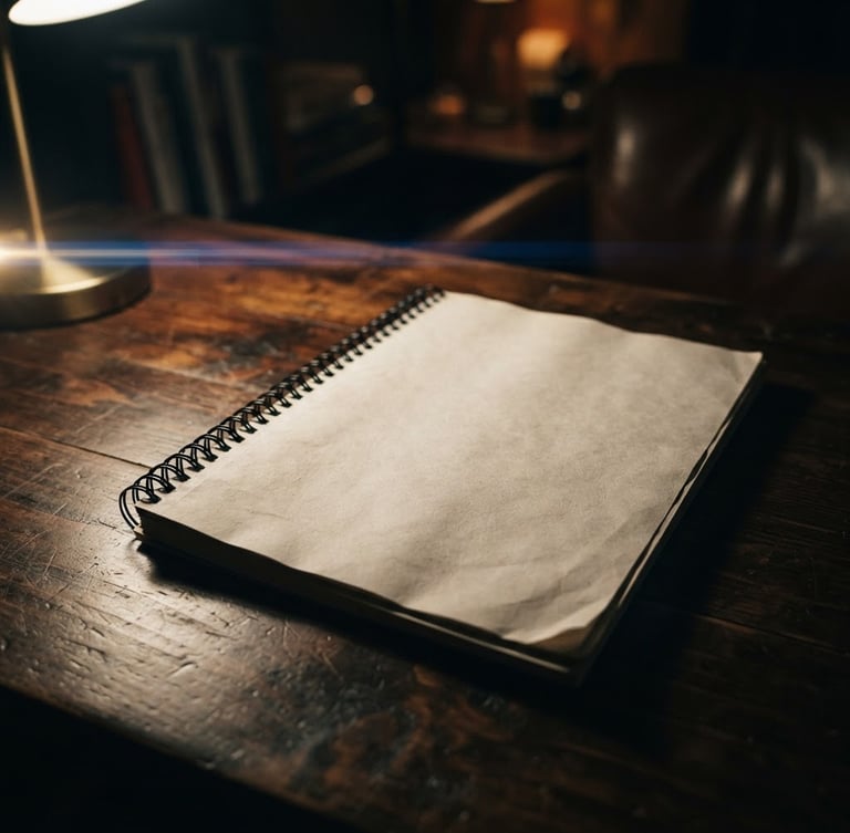 A close-up of a physical film script resting on a dark walnut desk, dramatic low-key lighting casting deep shadows across the title page, anamorphic lens flare, premium cinematic atmosphere.
