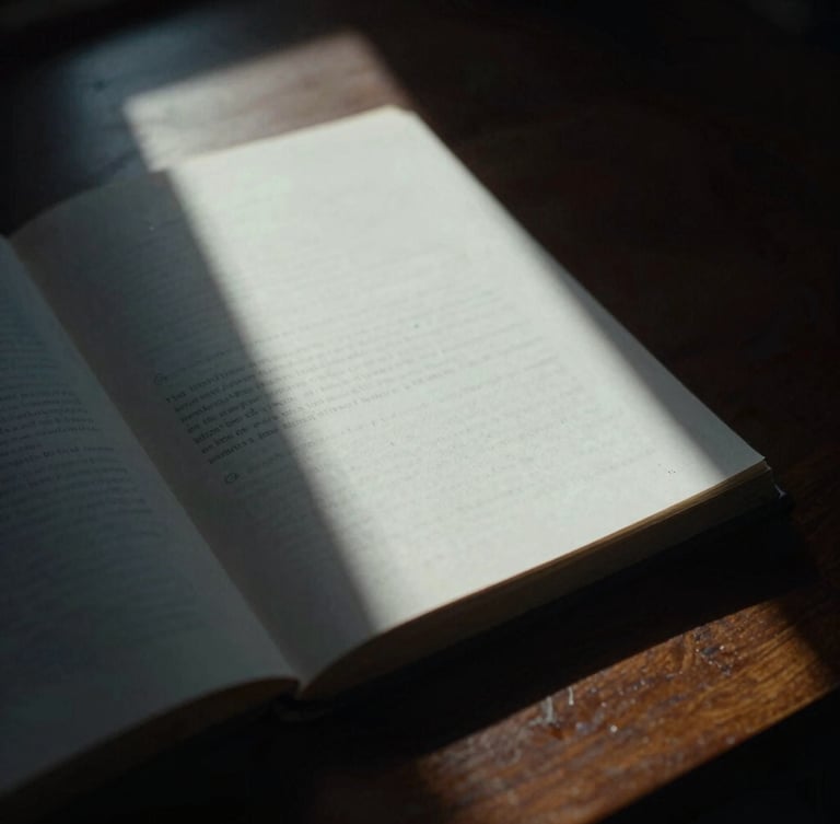 A close-up of a physical bound script resting on a dark walnut desk, a single shaft of light illuminating the title page, moody cinematic shadows, 35mm film grain