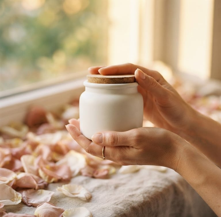 A close-up shot of hands holding a luxurious white ceramic jar of beauty cream, warm diffused golden-hour window light, soft rose petals in the background, 35mm photography