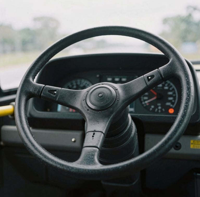 A close-up of a bus steering wheel and dashboard instruments under natural overcast morning light, 35mm documentary style.