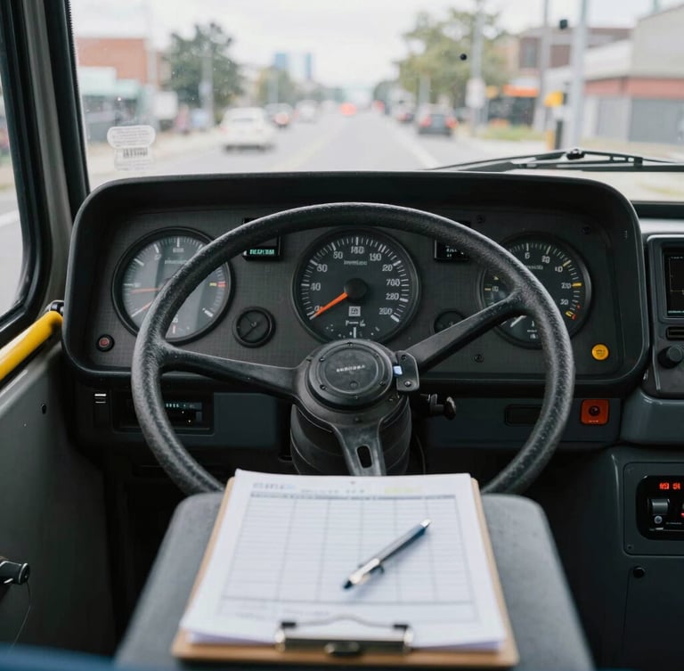 Straight-on eye-level view of a classic city transit bus dashboard, focusing on the analog dials, steering wheel, and scheduling clipboard resting on the console, natural overcast morning light.