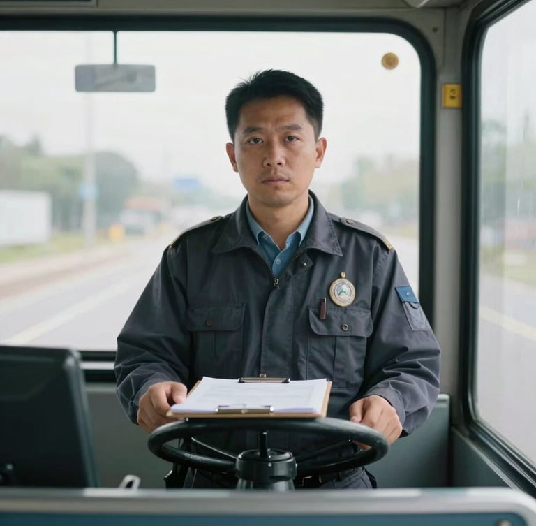 Straight-on eye-level medium shot of a transit supervisor clipboard resting on a bus steering wheel, soft morning garage light, 35mm documentary style