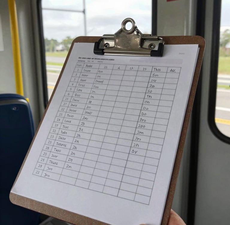 Close-up of a transit operator's metal clipboard holding a printed block schedule with hand-written notes, natural garage light