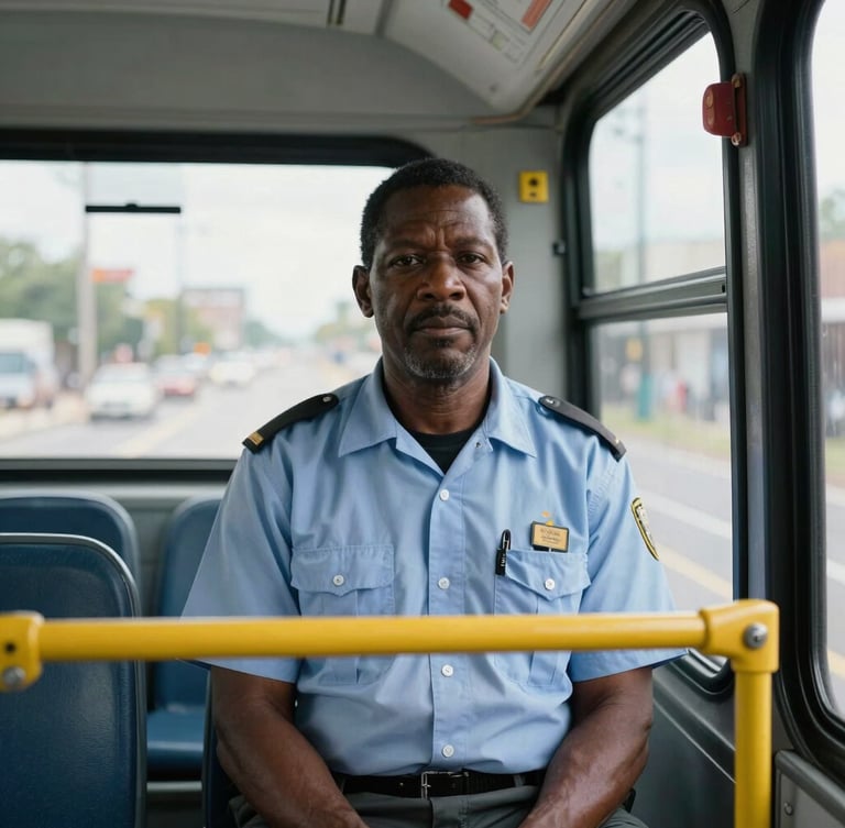 Straight-on eye-level 35mm documentary portrait of Umar Tennessee, an experienced Black transit operator in his late 40s wearing a clean transit uniform, sitting inside a stationary city bus, natural overcast daylight, realistic gritty color palette, sharp focus.