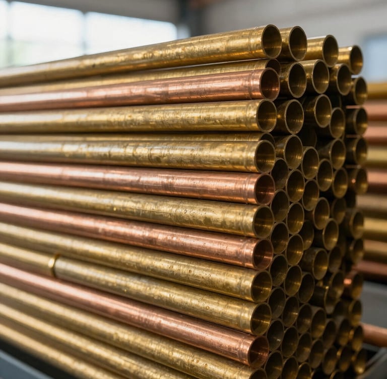 A vertical portrait of stacked, clean industrial brass rods and copper pipes reflecting bright natural warehouse light, sharp focus, 35mm