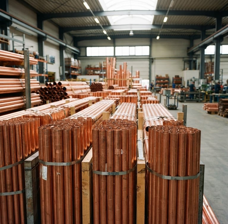 Crisp industrial photography of stacked copper pipes in a bright warehouse, natural light reflecting off metallic copper surfaces, sharp focus, 35mm
