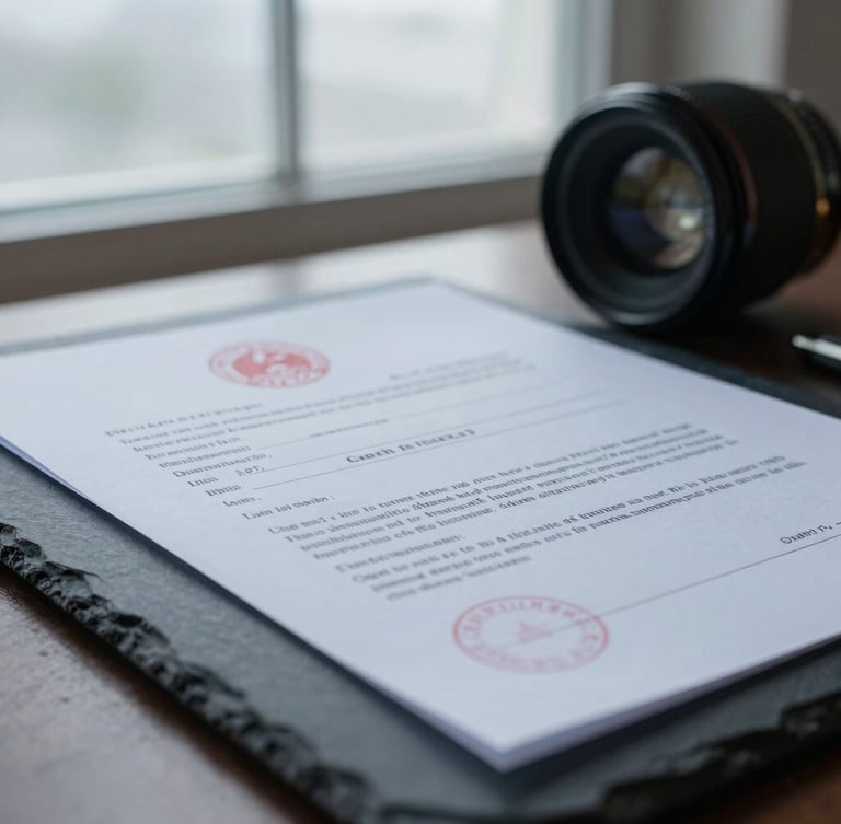 Macro close-up of a redacted legal court summons on a dark slate desk, cool overcast window light, sharp focus on legal stamps, 35mm lens.