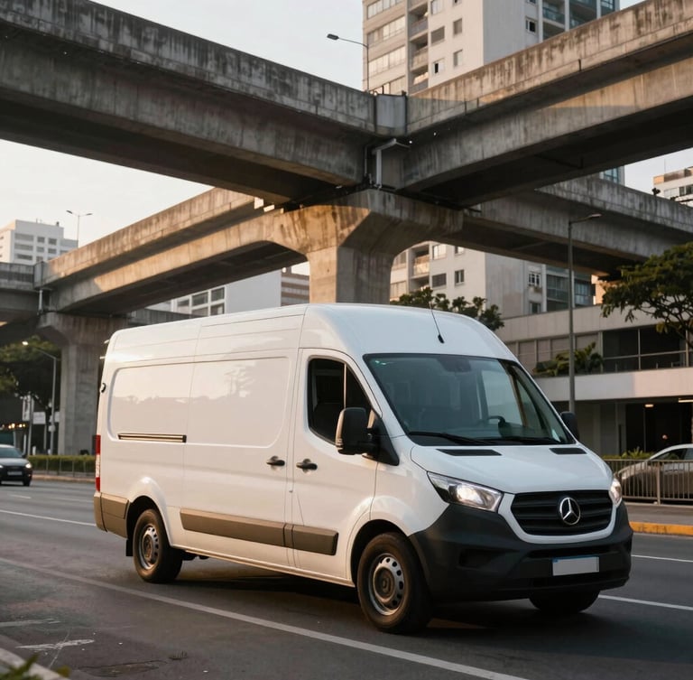 High-contrast wide shot of a modern clean urban cargo van driving through a São Paulo avenue during early morning golden hour, heavy concrete viaducts in the background.