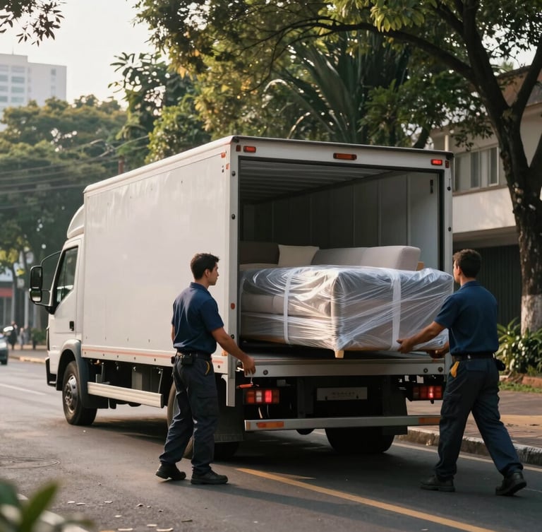 Wide shot of a clean, modern moving truck parked on a tree-lined street in São Paulo, early morning light, professional movers loading a carefully wrapped sofa.