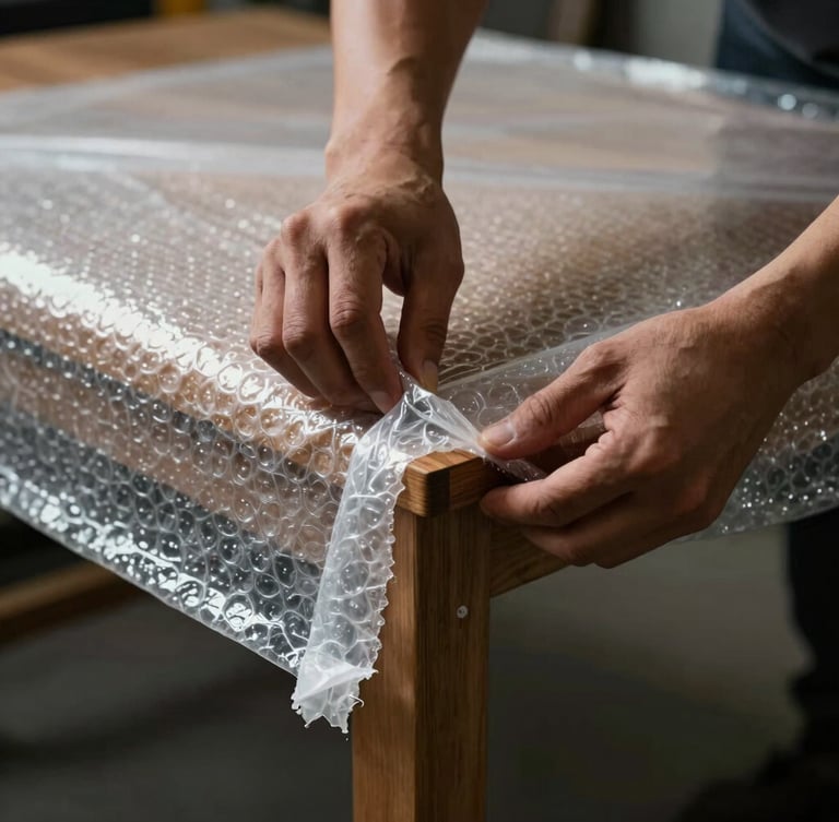Close-up of a mover's hands securing thick protective bubble wrap around a wooden table corner, high-contrast industrial lighting.