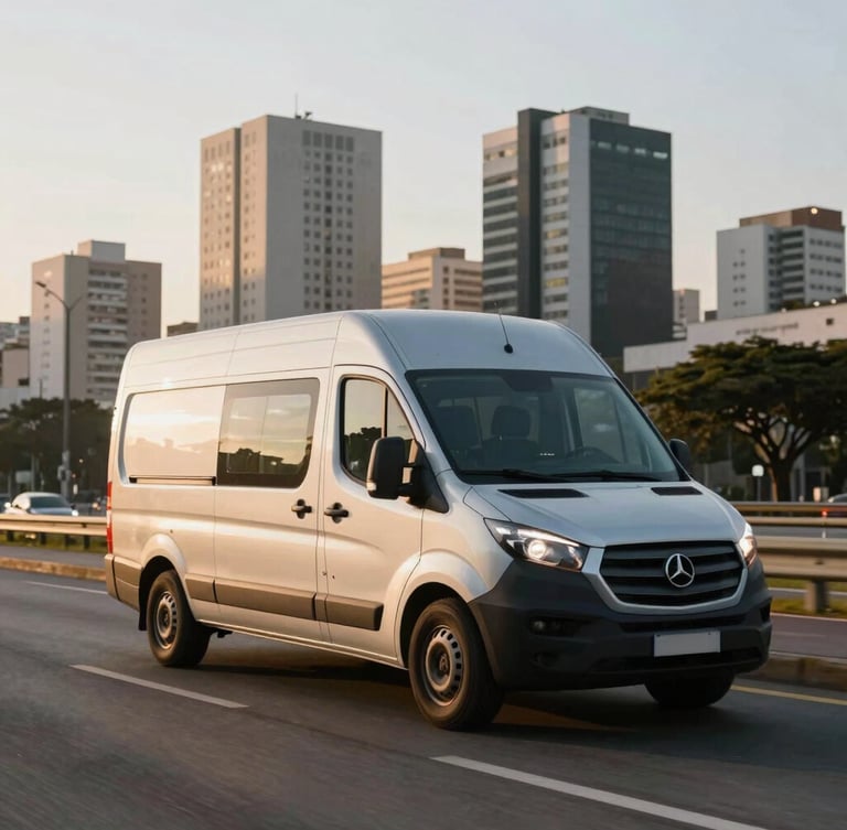 Wide environmental shot of a modern silver cargo van moving along Marginal Pinheiros in São Paulo during early morning golden hour, clean urban backdrop.