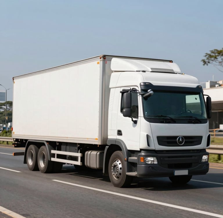 A clean white box truck driving on the Marginal Pinheiros highway in São Paulo during bright daylight, clear sky, dynamic composition.