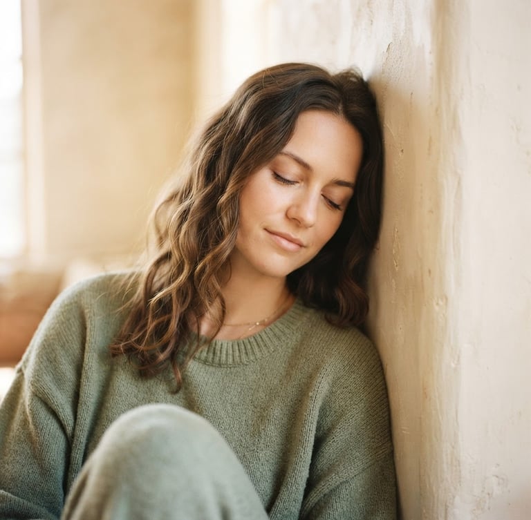 A woman wearing a relaxed-fit sage cotton sweater, resting her head against a soft cream plaster wall in gentle morning light, warm editorial photography, shallow depth of field.