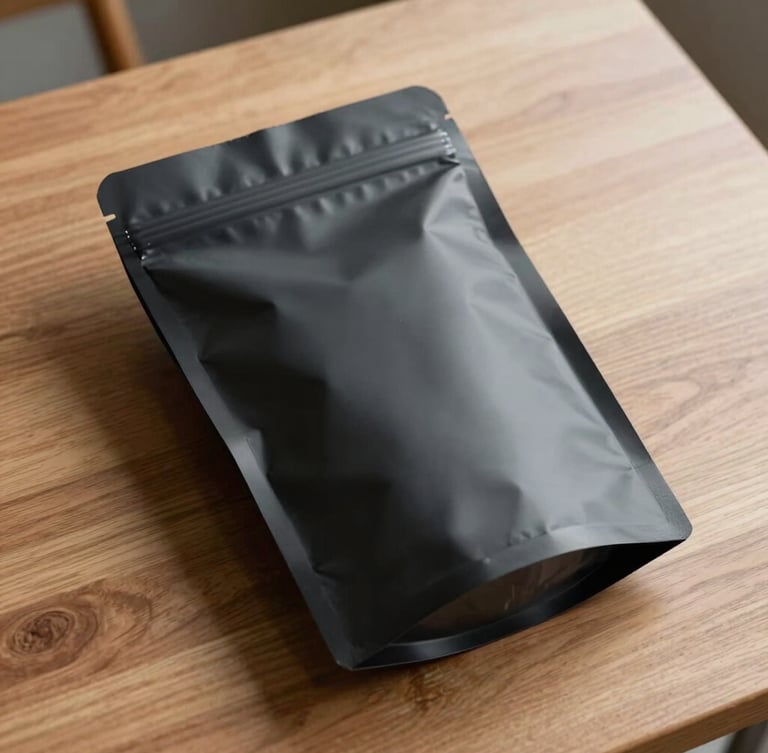 A high-end, matte-finish sealed package resting on a clean wooden table, soft natural side lighting, minimalist design.