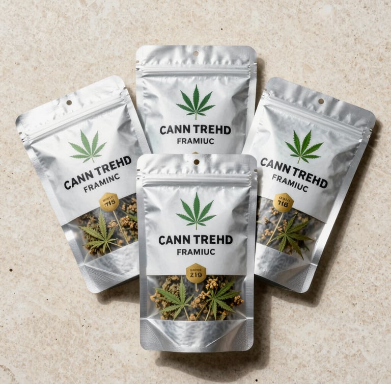 A precise, symmetrical overhead shot of sealed premium cannabis packaging on a clean, light stone surface under soft natural daylight.