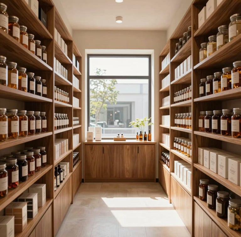Precise, symmetrical wide shot of a clean, well-lit modern apothecary storefront interior. Warm wood shelves lined with neatly organized glass jars and sealed premium packaging. Soft, natural daylight streaming through a large window, creating a calm, professional atmosphere. No people, no smoke.