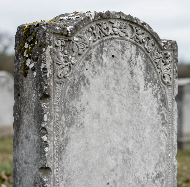 Documentary photograph of a historic gravestone, showing the clean boundary line between the weathered, dark moss-covered side and the restored, clean light grey stone side, soft overcast daylight.