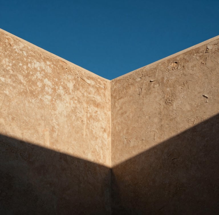 Low-angle shot of weathered stucco walls meeting a deep blue desert sky, sharp architectural shadows casting heavy lines, high-contrast midday sun.