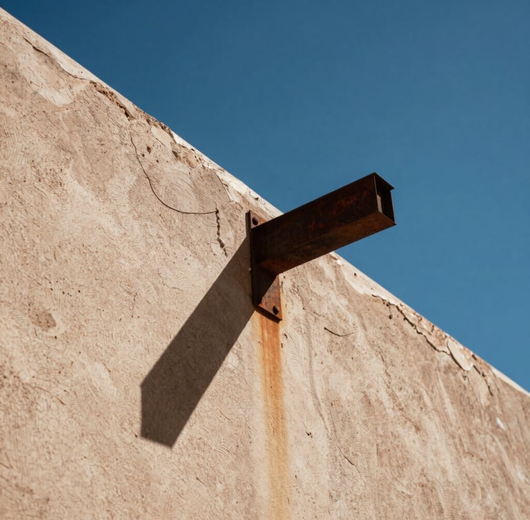 Low-angle architectural shot of a weathered stucco wall meeting a rusted steel beam, harsh midday desert sun casting a deep sharp shadow against a clear deep blue sky.