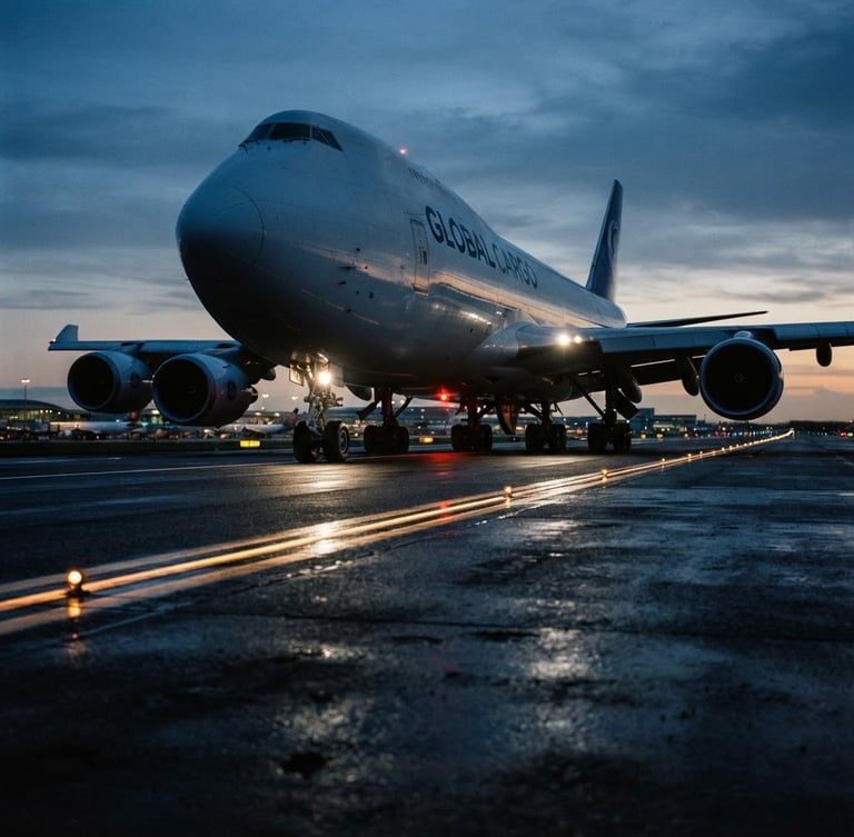 Dynamic low-angle shot of a modern cargo aircraft on the runway at twilight, cool blue ambient light with sharp gold runway markers, 35mm