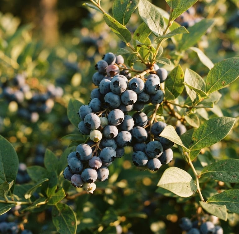 Close-up of sun-dappled blueberry clusters on the branch, dusty-blue berries with green leaves, warm golden-hour sunlight, shallow depth of field, 35mm film
