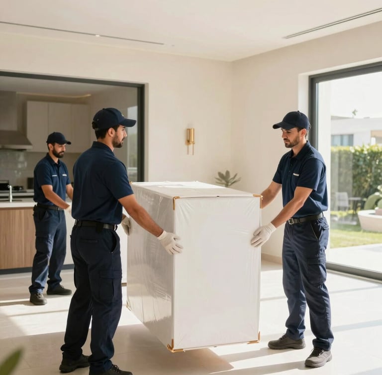 Bright editorial photography of a professional moving crew in clean navy uniforms carefully packing a modern Dubai villa interior, warm natural light, 35mm lens