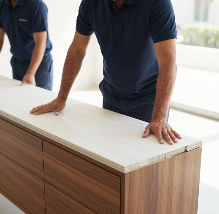 Close-up action shot of a professional mover in a clean navy uniform carefully wrapping a premium wooden sideboard with protective layers, bright natural UAE lighting, professional moving crew