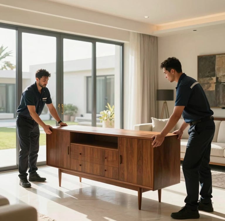 Bright editorial photography of a professional uniformed moving crew carefully wrapping a high-end mid-century modern sideboard inside a luxury Dubai villa, warm natural UAE sunlight streaming through large windows.