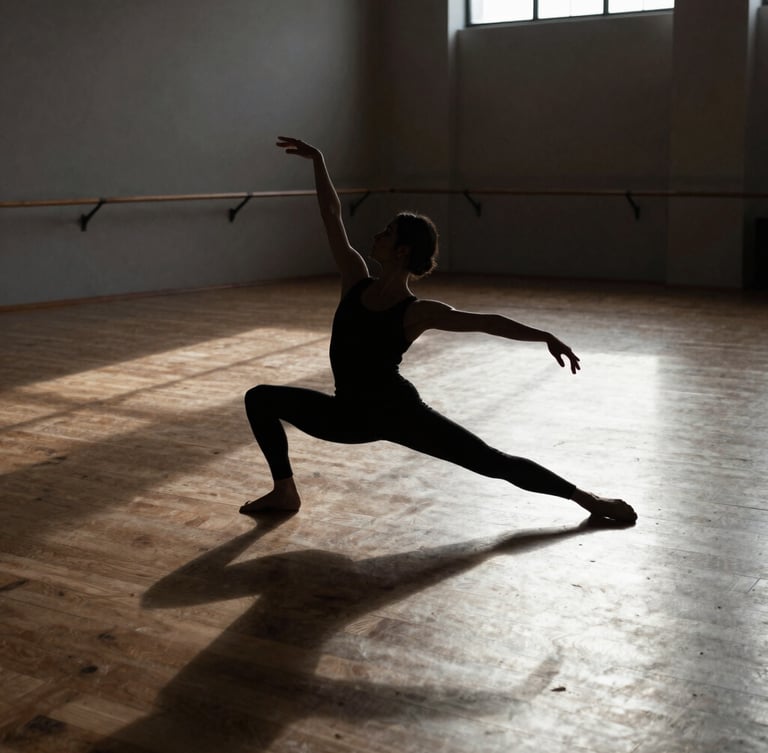 Wide architectural rehearsal space bathed in high-contrast side-lighting, a solitary dancer's silhouette demonstrating extreme physical tension in a deep lunge, stark shadows on a wooden floor.