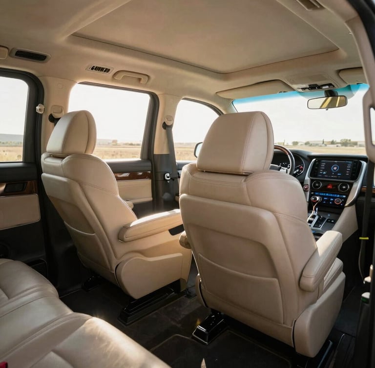 Wide-angle interior shot of a luxury multi-utility vehicle cabin, spotless beige leather seats with generous legroom, bright morning sunlight streaming through clean windows, professional dashboard visible.